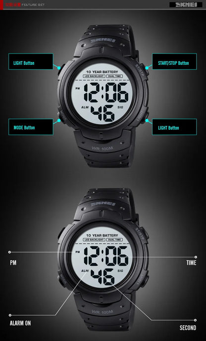 Men's Outdoor Digital Watch – 100M Waterproof, LED, 10-Year Battery, Alarm & Date Display