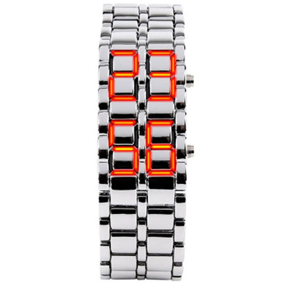 Digital watch with red LED display on a white background