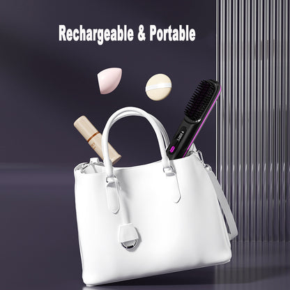 2-in-1 Wireless Hair Straightener Brush | Cordless Hot Comb with LCD & USB Charging