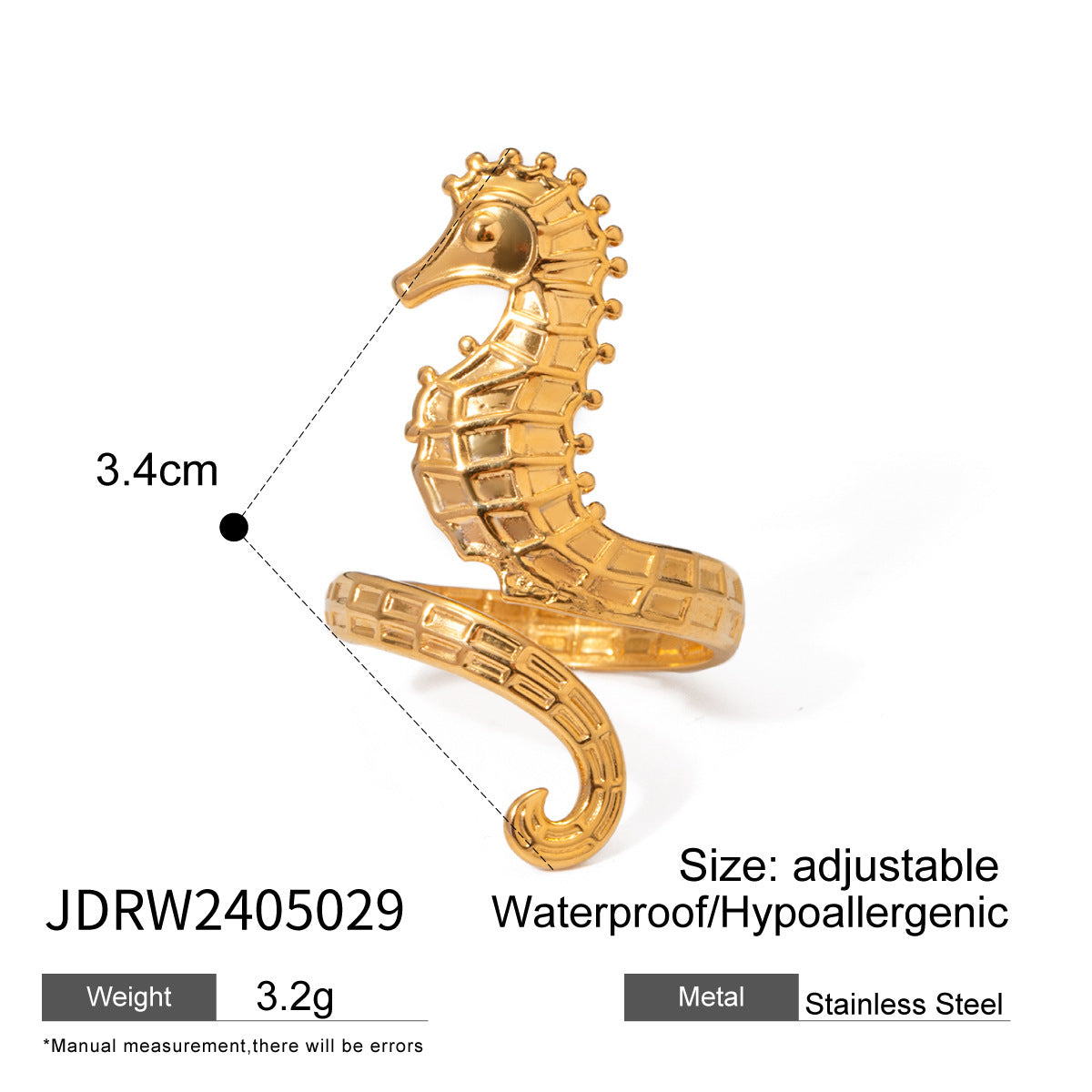 18K Gold Stainless Steel Seahorse Open Ring – Ocean Jewelry for Women