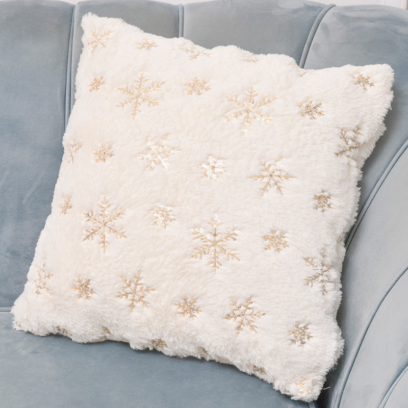 Christmas Plush Snowflake Sequin Pillow Cover – Festive Rabbit Hair Cushion Case for Holiday Decor