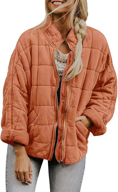 Women's Winter Zip-Up Stand Collar Coat – Plaid Pockets, Long Sleeve