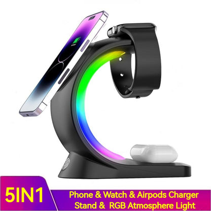 4-in-1 Magnetic Wireless Charger Station with RGB Light – Fast Charging for iPhone, AirPods & Apple Watch