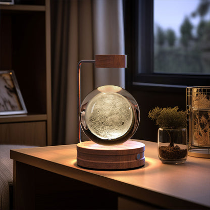 3D Crystal Ball Night Light – USB Wooden Base Bedside Lamp