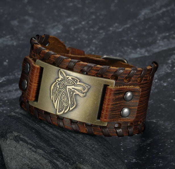 Fenrir Leather Buckle Arm Cuff – Viking Norse Punk Bracelet for Men & Women