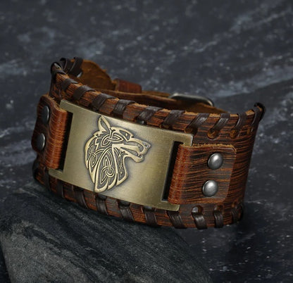 Fenrir Leather Buckle Arm Cuff – Viking Norse Punk Bracelet for Men & Women