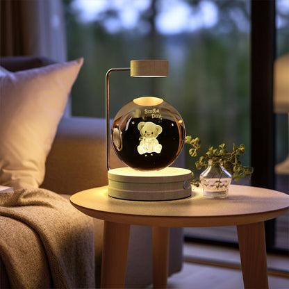 3D Crystal Ball Night Light – USB Wooden Base Bedside Lamp