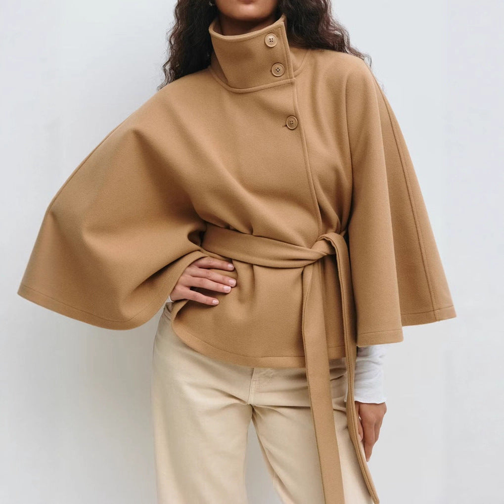 Women's Winter Trench Coat – High Neck Batwing Sleeve with Belt