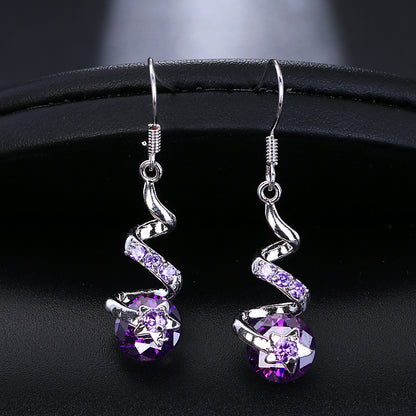 Purple Zircon Spiral Ear Hook Earrings – Geometric Copper Jewelry for Women
