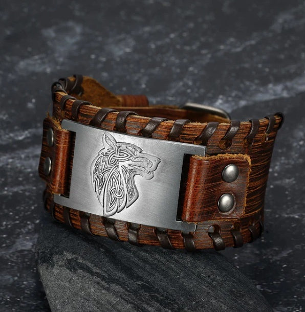 Fenrir Leather Buckle Arm Cuff – Viking Norse Punk Bracelet for Men & Women