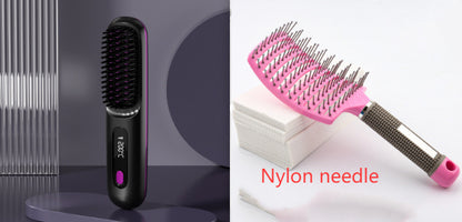 2-in-1 Wireless Hair Straightener Brush | Cordless Hot Comb with LCD & USB Charging