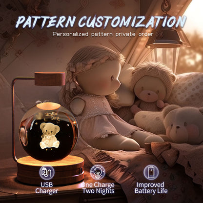 3D Crystal Ball Night Light – USB Wooden Base Bedside Lamp
