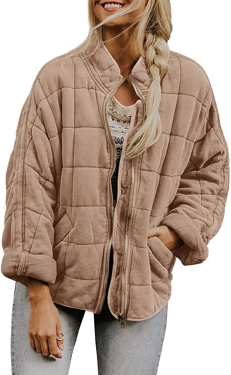 Women's Winter Zip-Up Stand Collar Coat – Plaid Pockets, Long Sleeve