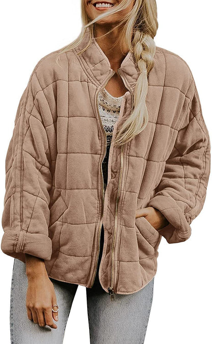 Women's Winter Zip-Up Stand Collar Coat – Plaid Pockets, Long Sleeve