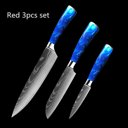 8-Inch Chef Knife Set – Blue, Green & Red Resin Handle Kitchen Knife Collection