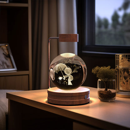 3D Crystal Ball Night Light – USB Wooden Base Bedside Lamp