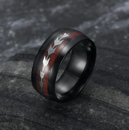 Stainless Steel Wood Grain Arrow Inlaid Ring – Nature Jewelry