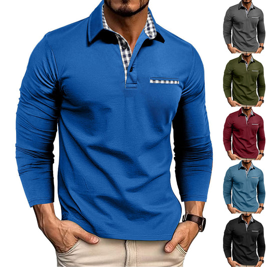Casual Plaid Splicing Lapel Polo Shirt Fashion Solid Color Long Sleeve Top