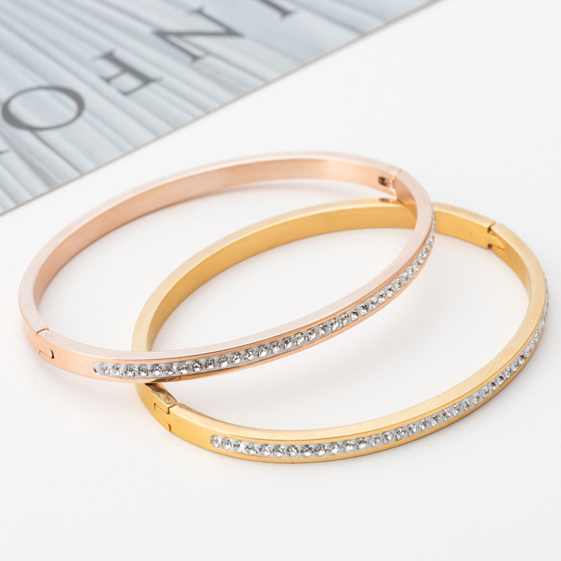 Diamond-Set Stainless Steel Opening Bracelet – Elegant Cuff for Women