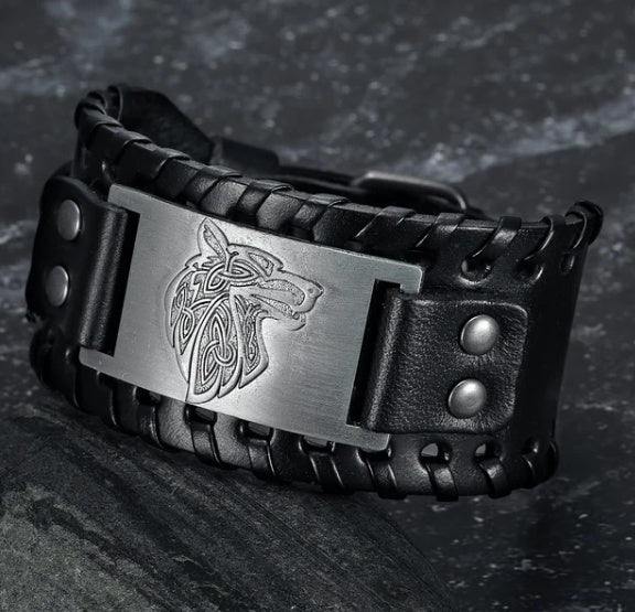 Fenrir Leather Buckle Arm Cuff – Viking Norse Punk Bracelet for Men & Women
