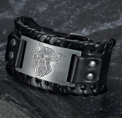 Fenrir Leather Buckle Arm Cuff – Viking Norse Punk Bracelet for Men & Women