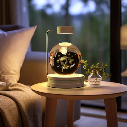 3D Crystal Ball Night Light – USB Wooden Base Bedside Lamp