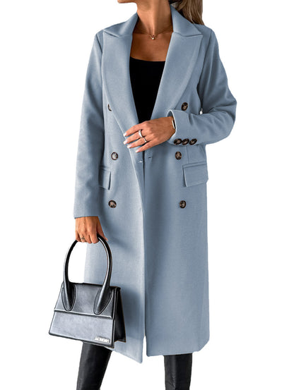 Women's Double Breasted Lapel Long Coat – Slim Winter Jacket