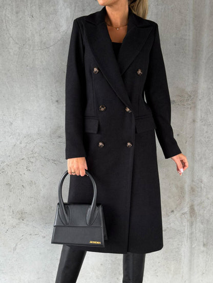 Women's Double Breasted Lapel Long Coat – Slim Winter Jacket