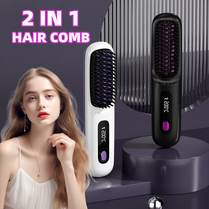 2-in-1 Wireless Hair Straightener Brush | Cordless Hot Comb with LCD & USB Charging