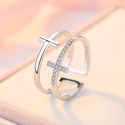 Double Cross Copper Zircon Ring – Miniature Inlaid Fashion Jewelry