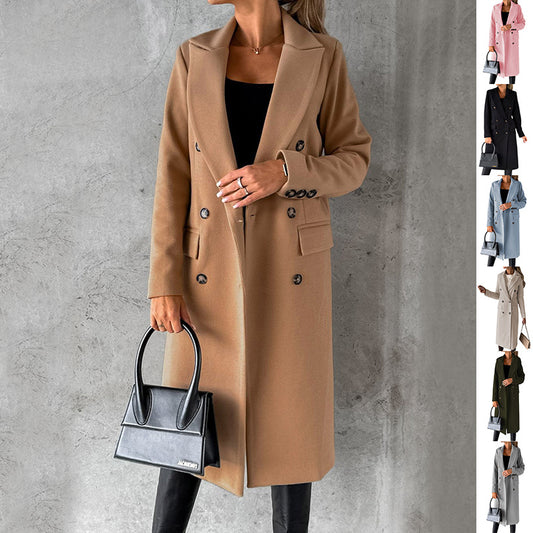 Double Breasted Lapel Coat Winter Fashion Solid Slim Long Jacket Long Sleeve Tops