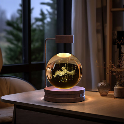 3D Crystal Ball Night Light – USB Wooden Base Bedside Lamp