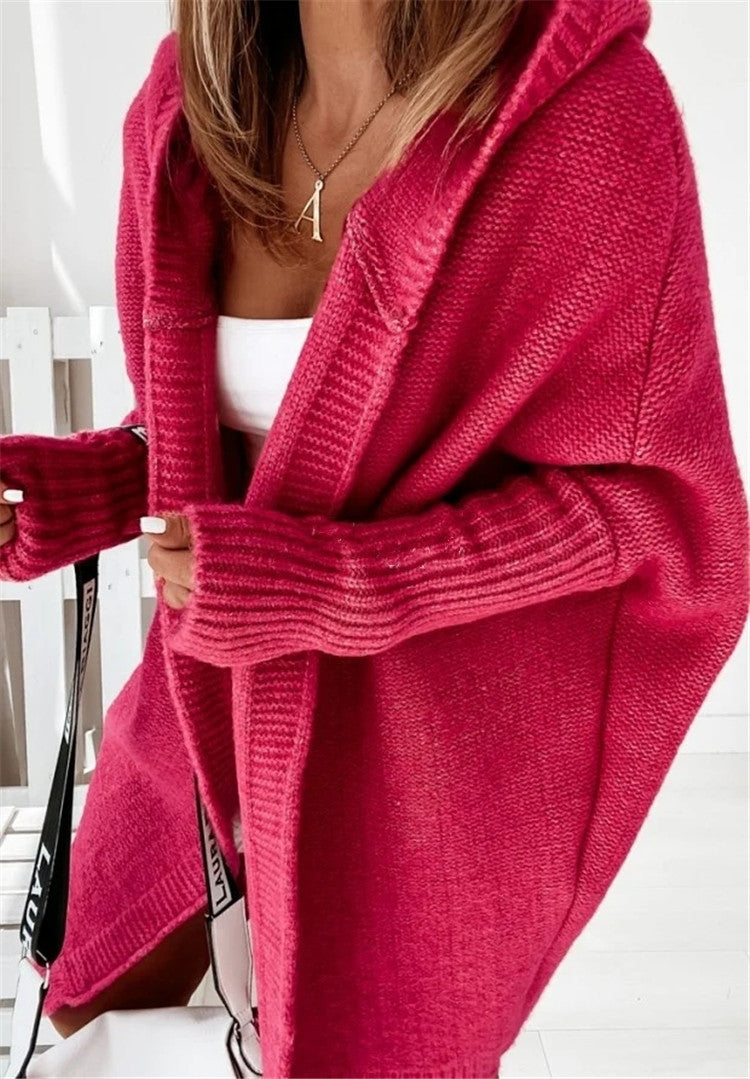 Bat Sleeve Hooded Cardigan – Oversized Knit Sweater for Women