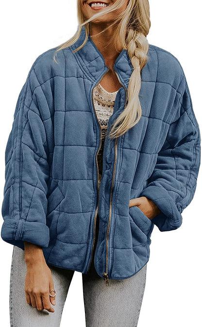 Women's Winter Zip-Up Stand Collar Coat – Plaid Pockets, Long Sleeve