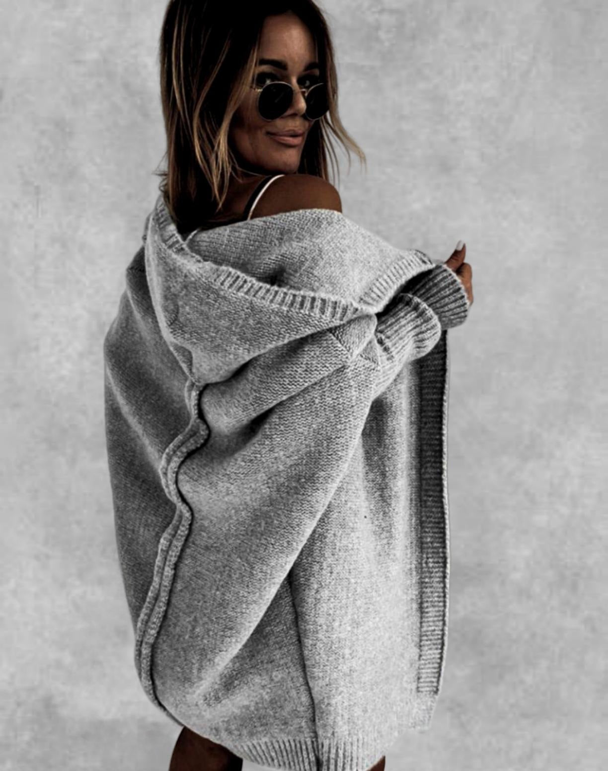 Bat Sleeve Hooded Cardigan – Oversized Knit Sweater for Women