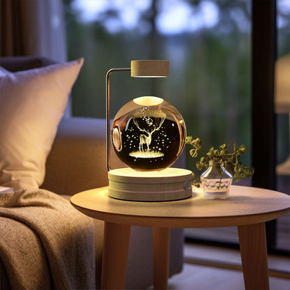 3D Crystal Ball Night Light – USB Wooden Base Bedside Lamp
