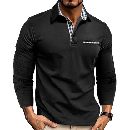 Men's Plaid Splicing Lapel Polo Shirt – Casual Long Sleeve Top