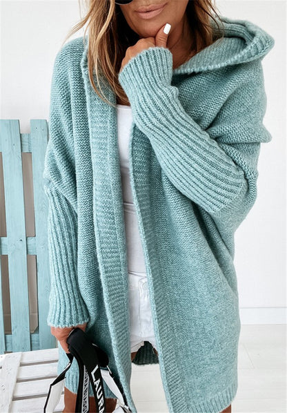 Bat Sleeve Hooded Cardigan – Oversized Knit Sweater for Women