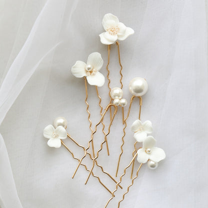 Ceramic Flower Pearl Hairpin – Elegant Bridal Hair Plug for Women