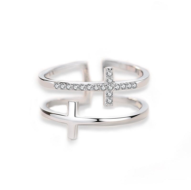 Double Cross Copper Zircon Ring – Miniature Inlaid Fashion Jewelry