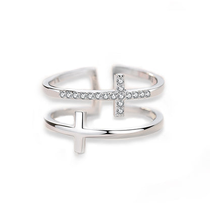 Double Cross Copper Zircon Ring – Miniature Inlaid Fashion Jewelry