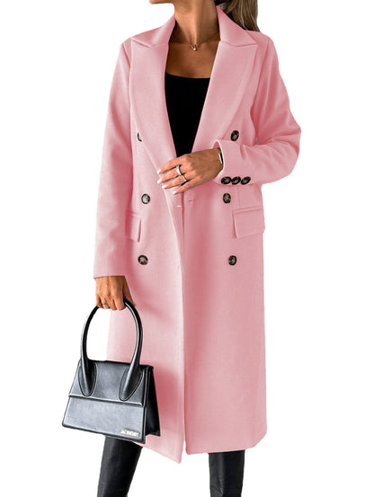 Women's Double Breasted Lapel Long Coat – Slim Winter Jacket