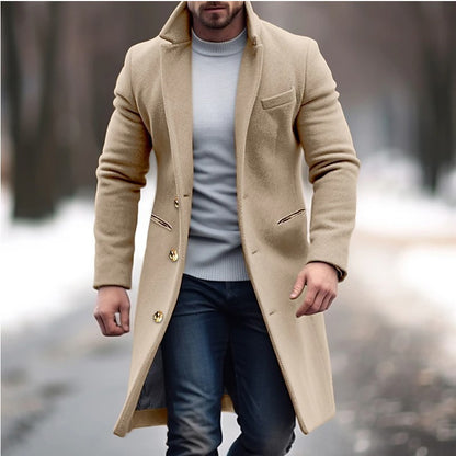 Men's Winter Trench Coat – Lapel Single Breasted Jacket with Pockets