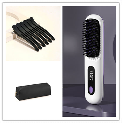 2-in-1 Wireless Hair Straightener Brush | Cordless Hot Comb with LCD & USB Charging