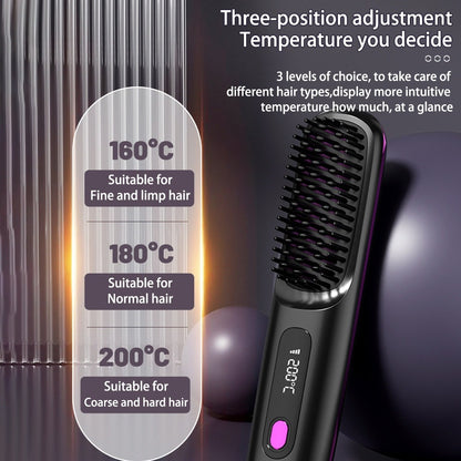 2-in-1 Wireless Hair Straightener Brush | Cordless Hot Comb with LCD & USB Charging