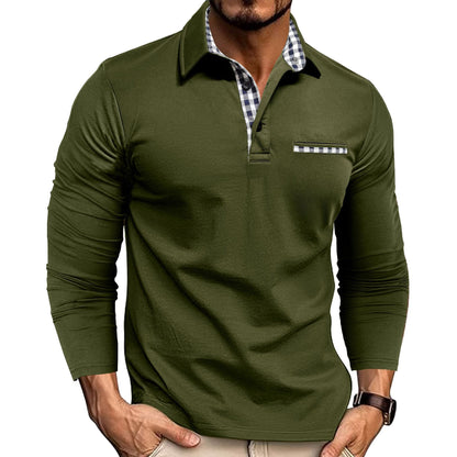 Men's Plaid Splicing Lapel Polo Shirt – Casual Long Sleeve Top