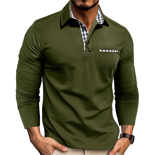 Casual Plaid Splicing Lapel Polo Shirt Fashion Solid Color Long Sleeve Top