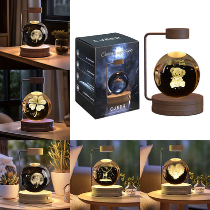 3D Crystal Ball Night Light – USB Wooden Base Bedside Lamp