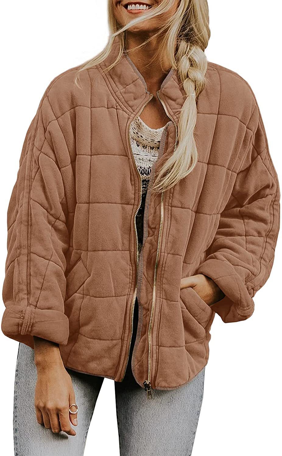 Women's Winter Zip-Up Stand Collar Coat – Plaid Pockets, Long Sleeve