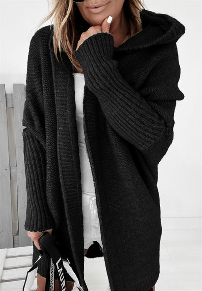Bat Sleeve Hooded Cardigan – Oversized Knit Sweater for Women